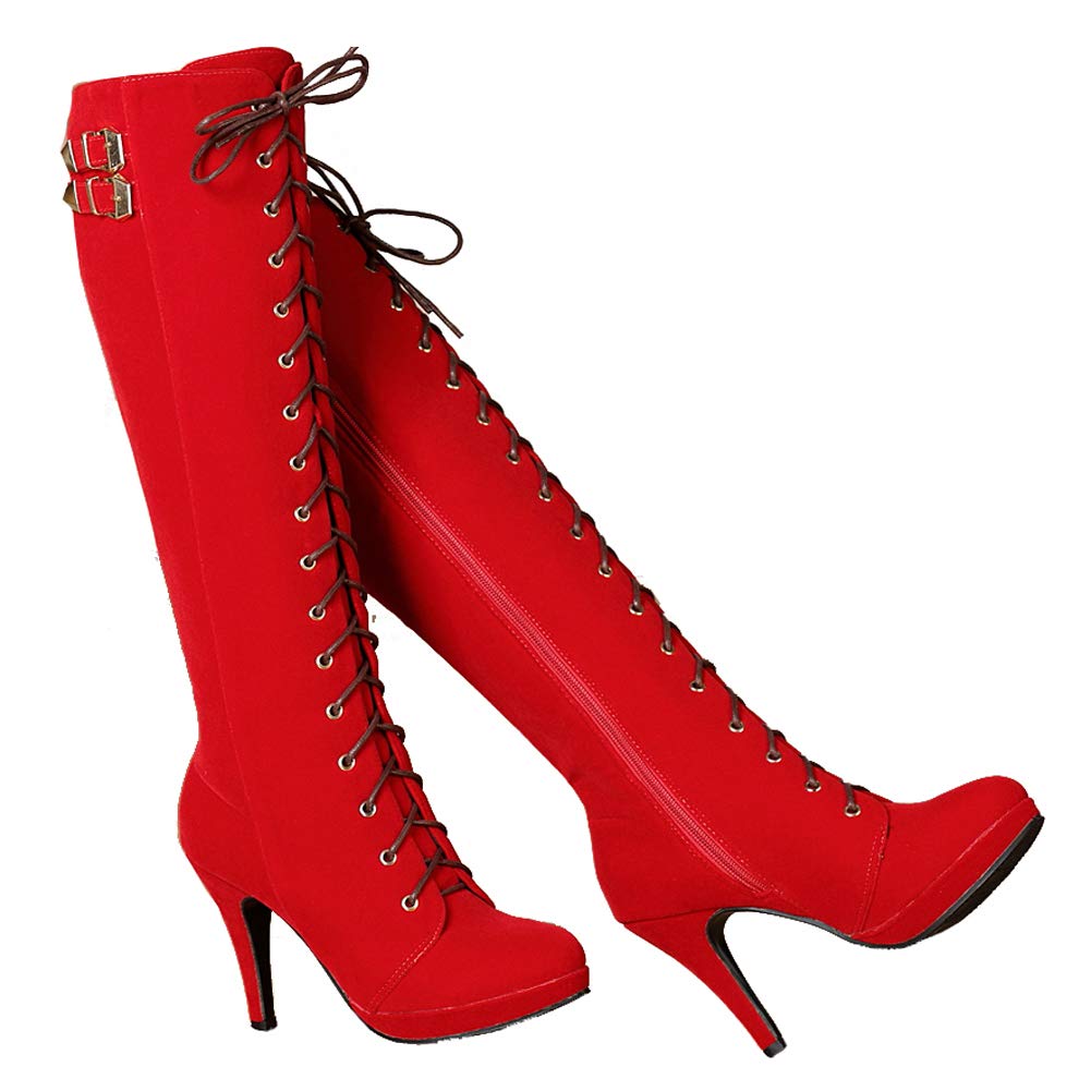 getmorebeauty Womens Red Suede Buckle Rock Lace Up Zipped Knee High Boots High Heel Boots (US 5 Red)