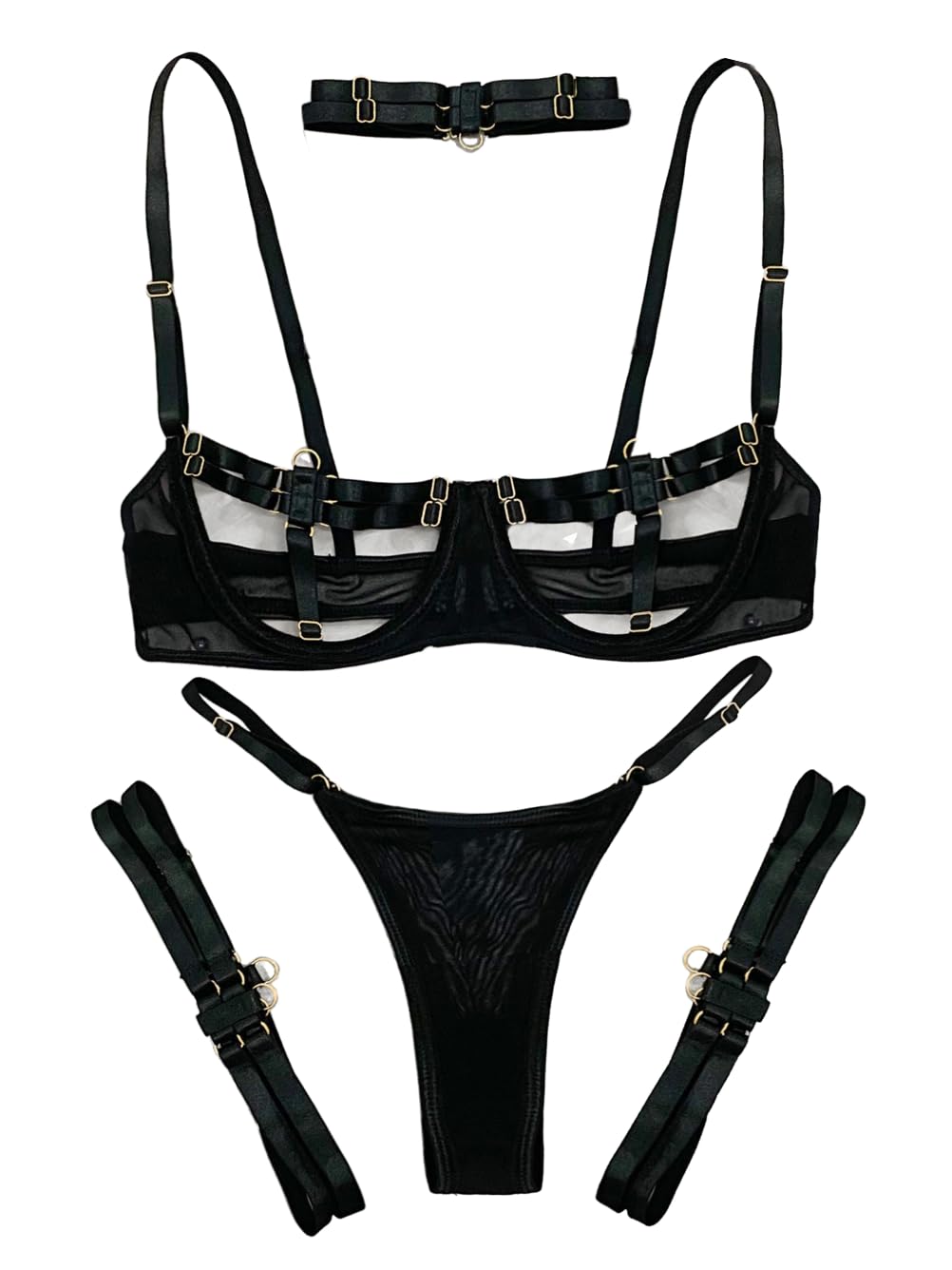 Kaei&Shi Sexy Bra And Panty SetsGlow In The Dark Blacklight Choker Lingerie For WomenUnderwire Strappy Thong Sheer Matching 4 Piece Sexy Lingerie Set Petite Boudoir Black X-Small