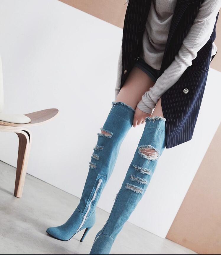 High Heel Knee-High Cutout Cowboy Boots Size 40-48