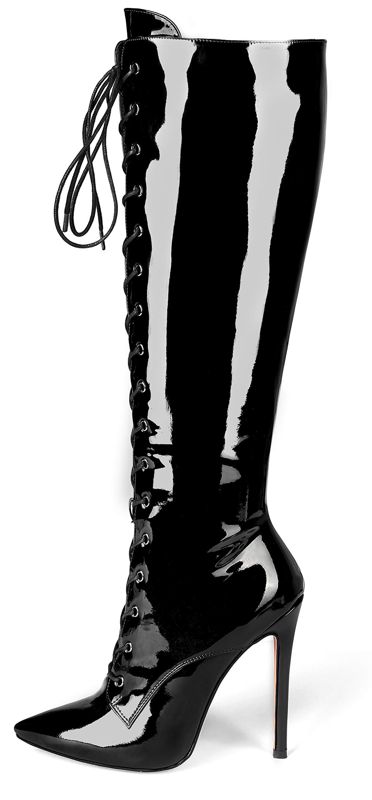 Eldof Womens Knee-High Boots Lace Up High Heeled Stiletto Sexy Boot Black-Patent US8
