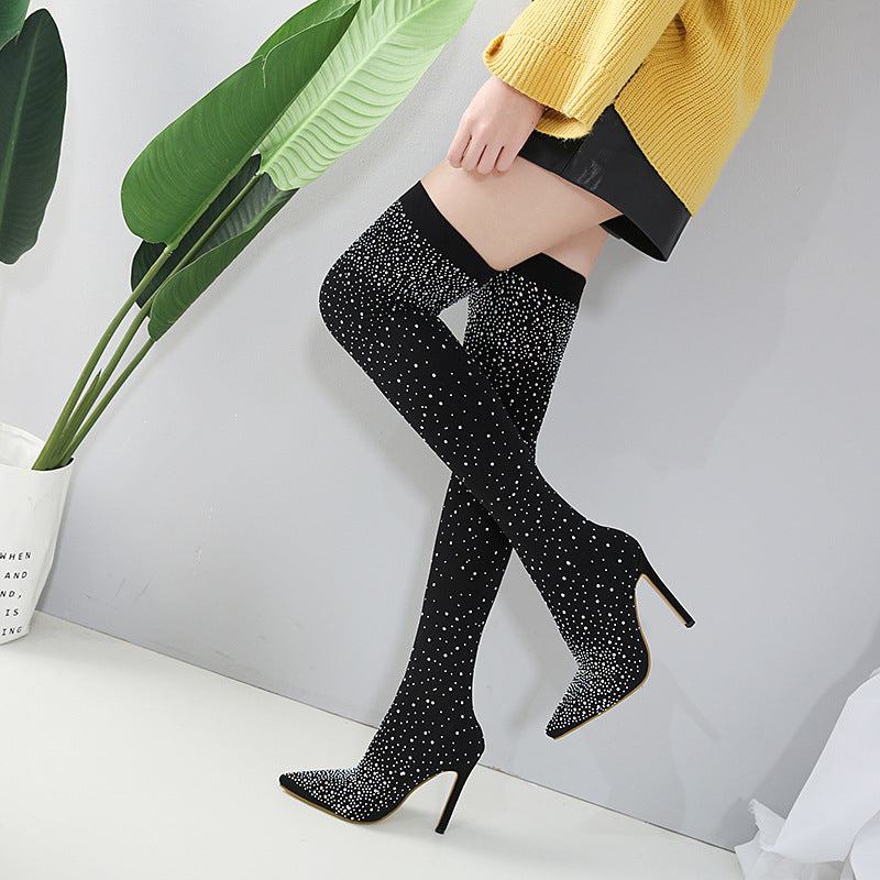 Rhinestone Knee-High Boots with Stiletto Heels