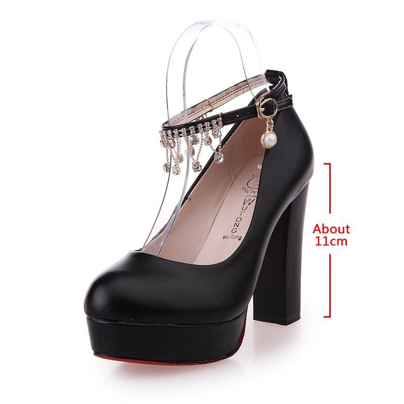 Korean Thick Soled Rhinestone Buckle High Heel Shoes