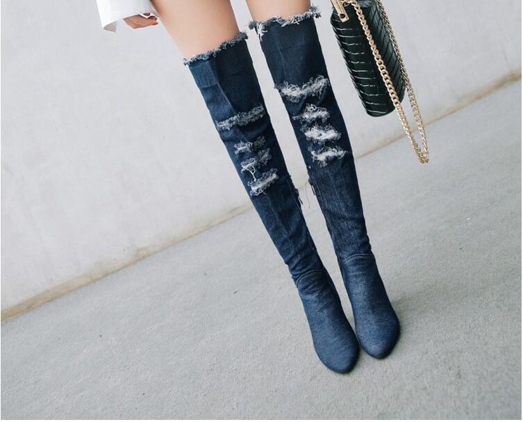 High Heel Knee-High Cutout Cowboy Boots Size 40-48