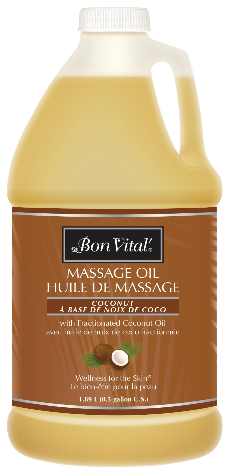Bon Vital Coconut Massage Oil with 100% Pure Fractionated Coconut Oil to Repair Dry Skin Used by Massage Therapists and At-Home Use for Therapeutic Massages and Relaxation 1 Gal Label may Vary