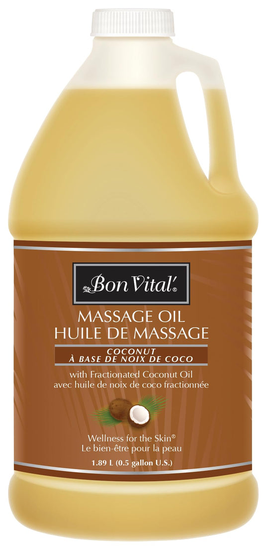Bon Vital Coconut Massage Oil with 100% Pure Fractionated Coconut Oil to Repair Dry Skin Used by Massage Therapists and At-Home Use for Therapeutic Massages and Relaxation 1 Gal Label may Vary