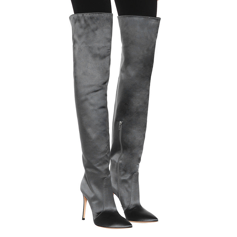 Grey Sardine Pointed Toe Stiletto High-Heeled Boots