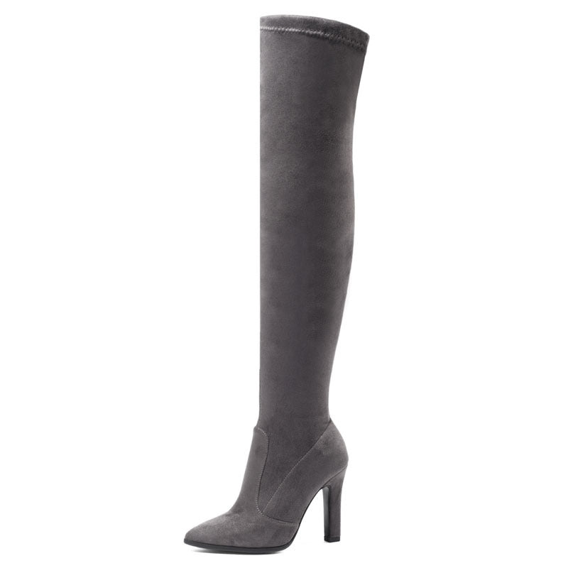 Women's Suede Pointed Toe Chunky Heel High Boots