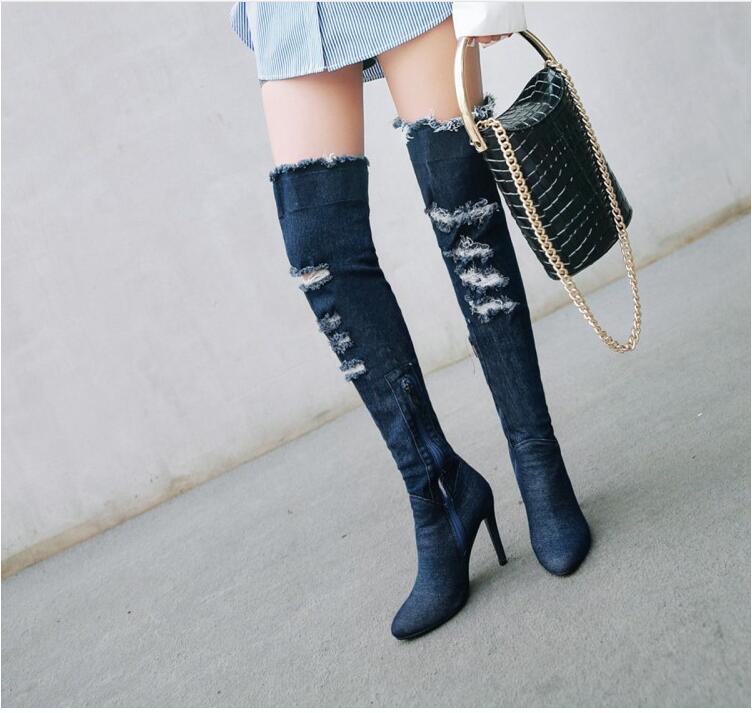 High Heel Knee-High Cutout Cowboy Boots Size 40-48