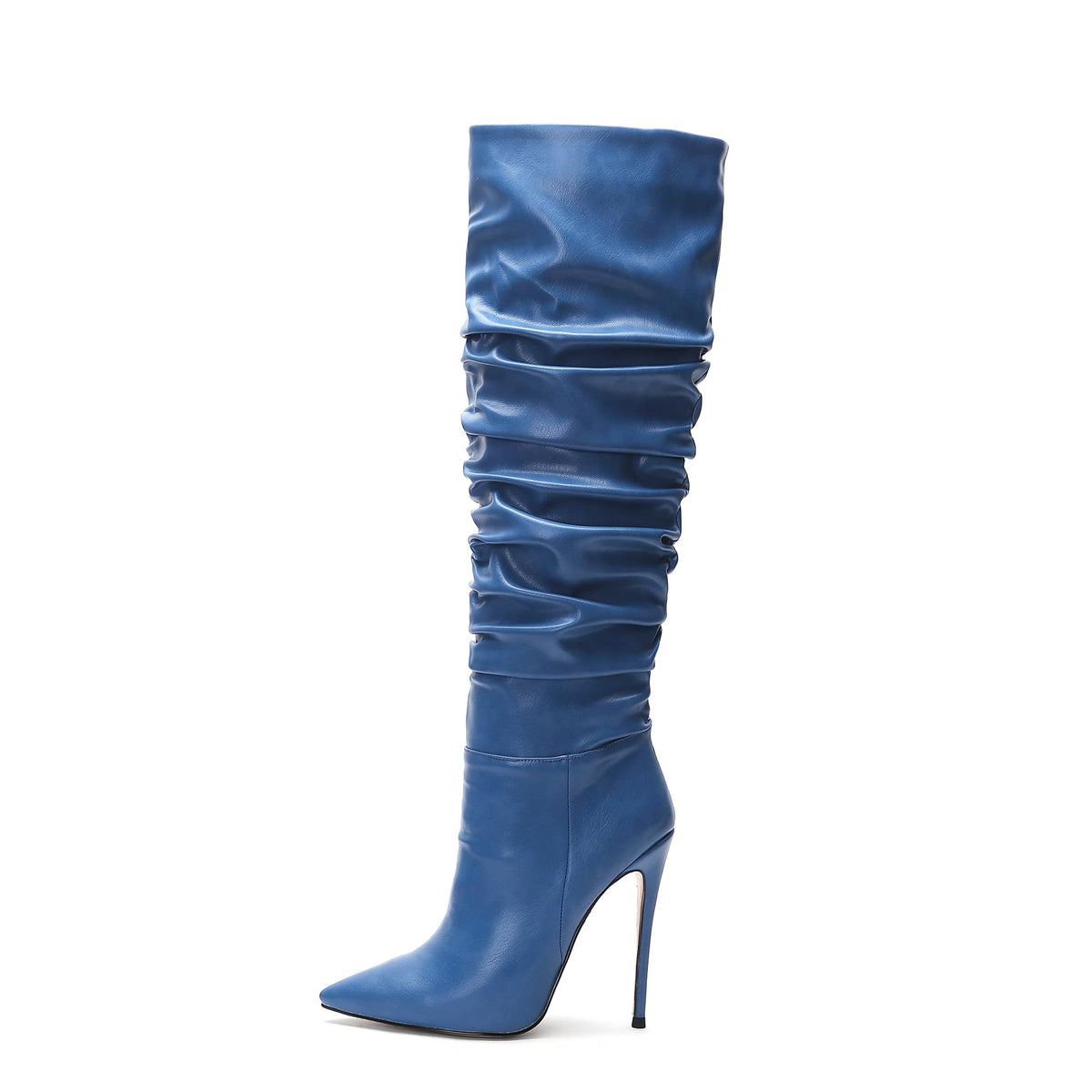 Zamikoo Slouchy High Heel Boots for Women Knee High Stiletto Heel Boots Pointed Toe Slouch Stretch Tall Boots Pull On 4.7 Inches Blue US Size 6.5