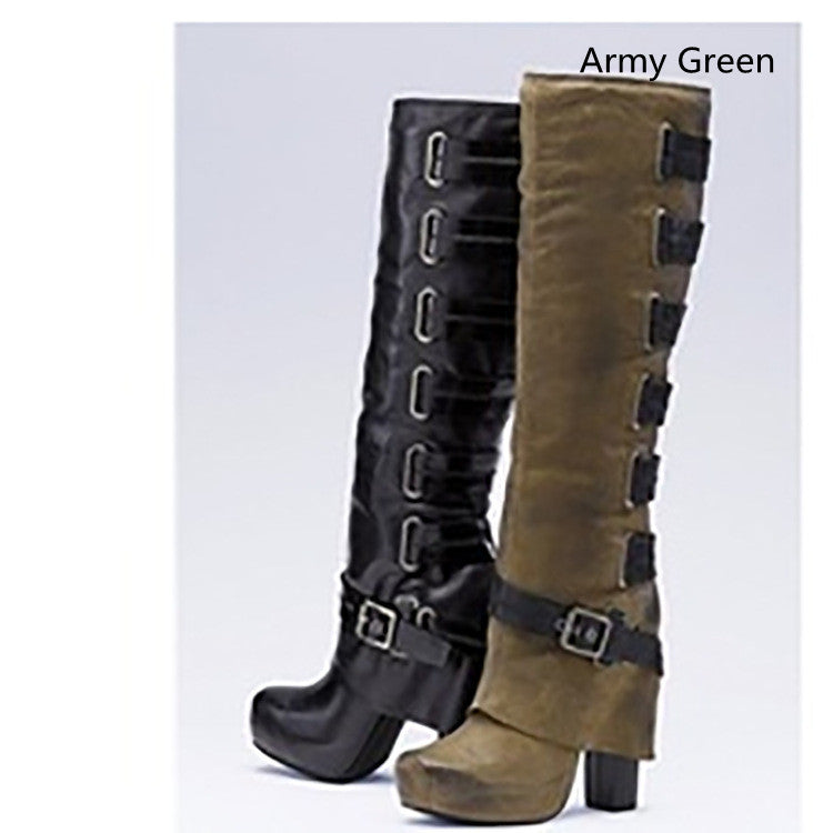 High Heel Platform Boots with Solid Color Buckle
