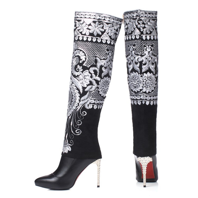 Embroidered High Heel Women's Long Boots