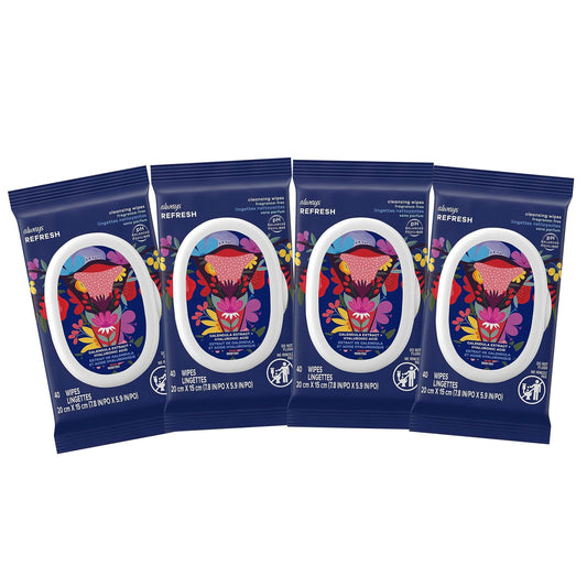 Always Refresh Cleansing Intimate Wipes For Women Fragrance-Free Ph Balanced For Skin Calendula Extract + Hyaluronic Acid 40 Count (Pack of 4 160 Wipes Total)