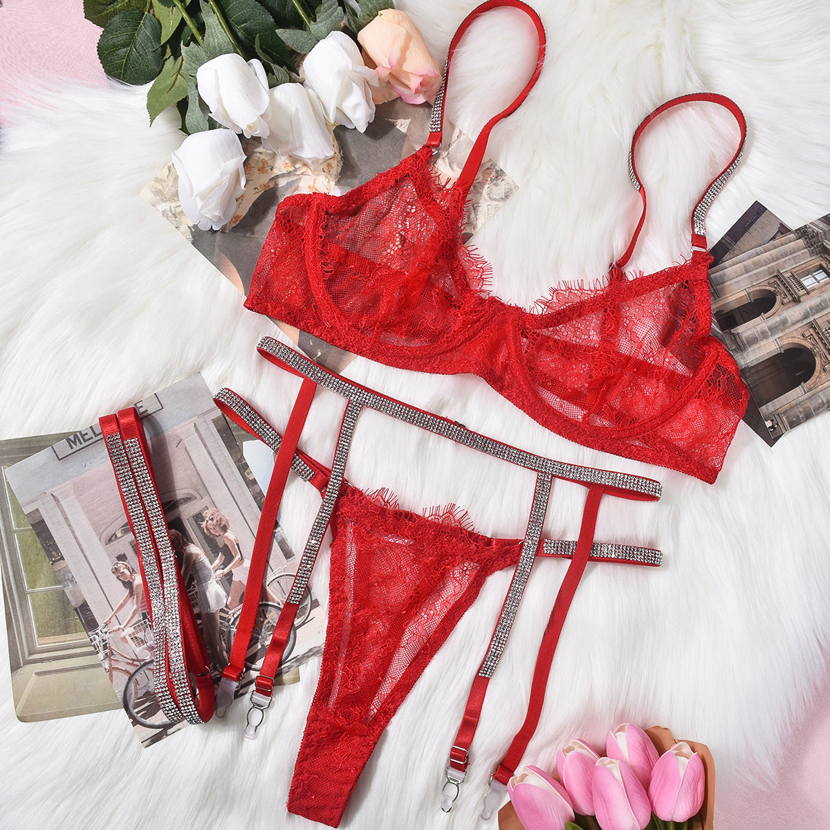Lace Eyelash Trim Sexy Lingerie Set with Underwire