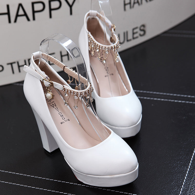 Korean Thick Soled Rhinestone Buckle High Heel Shoes