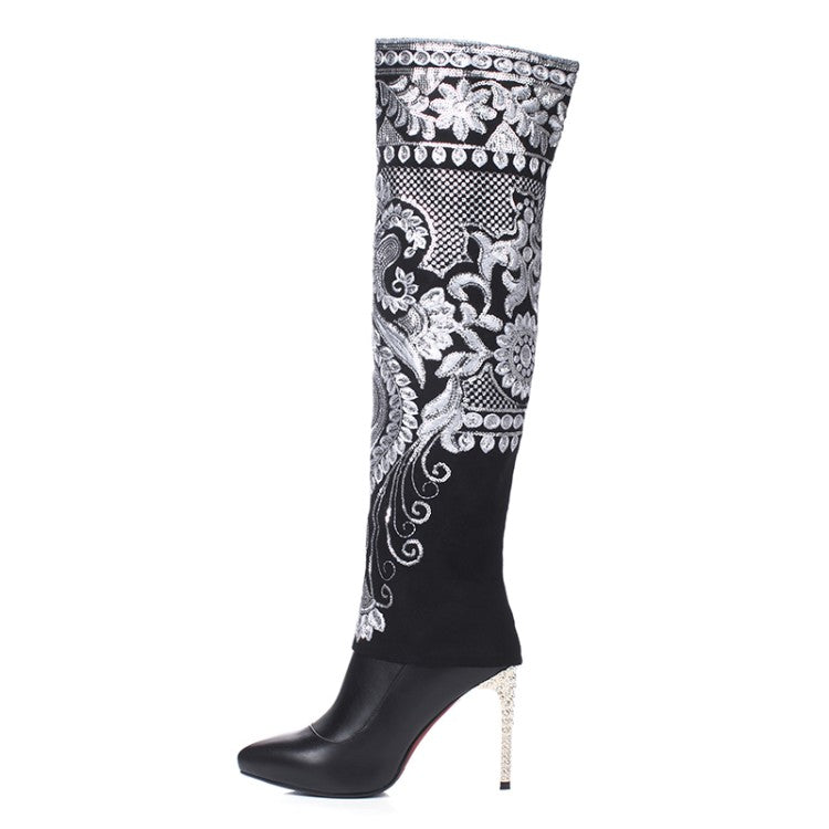 Embroidered High Heel Women's Long Boots
