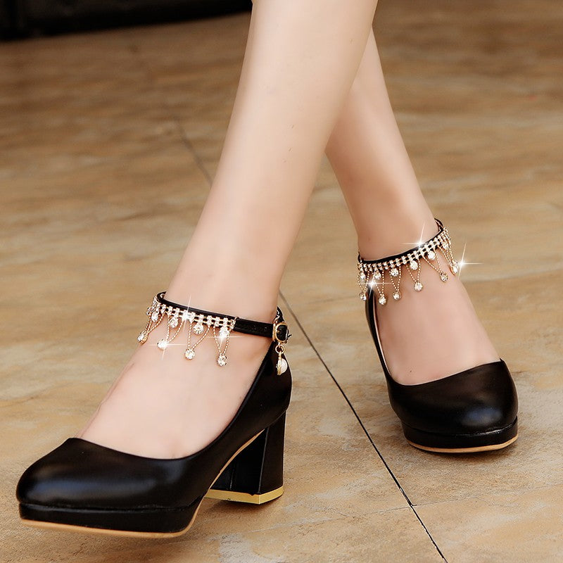 Korean Thick Soled Rhinestone Buckle High Heel Shoes