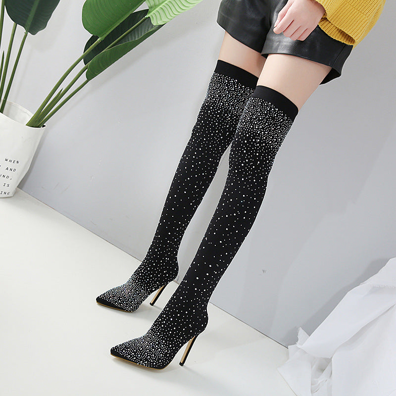 Rhinestone Knee-High Boots with Stiletto Heels