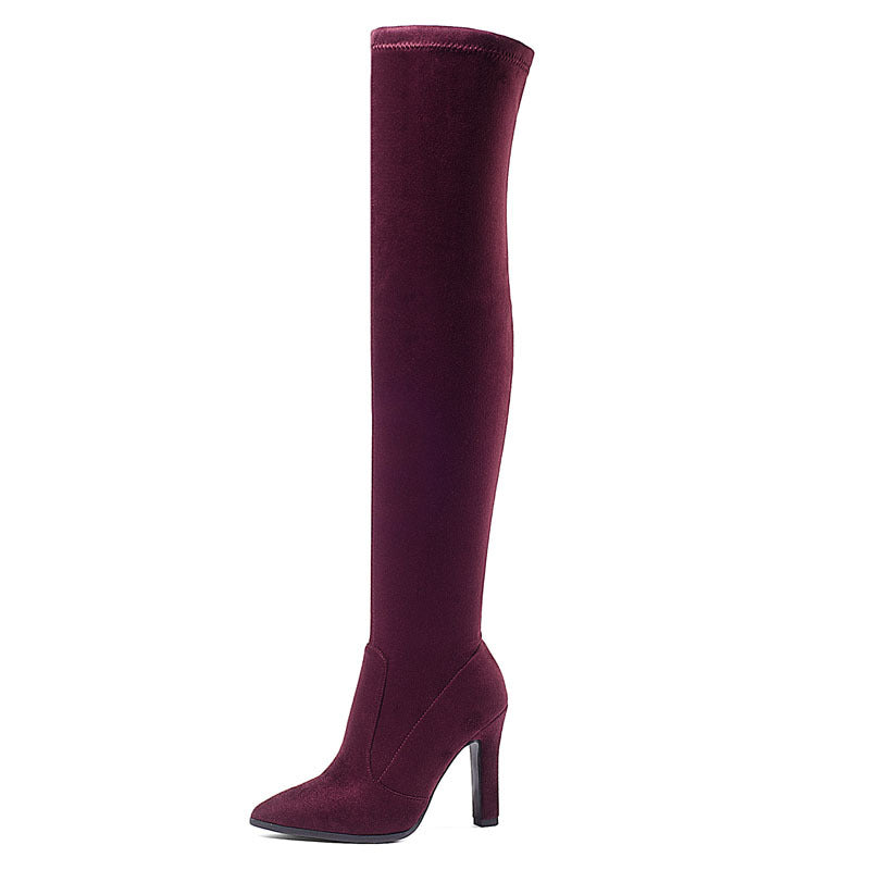 Women's Suede Pointed Toe Chunky Heel High Boots