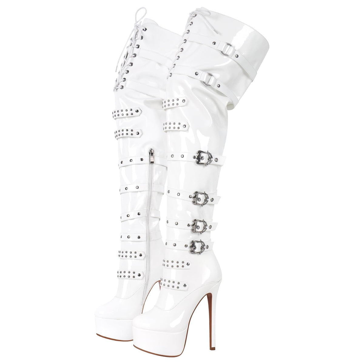richealnini Womens Platform Heel Thigh High Boots Zip Up Over the Knee High Boots Front Lace Up Stiletto Heel Buckles Chains Rivets Ornamented Punk Motorcycle Club Outside Combat Boots White Size 7