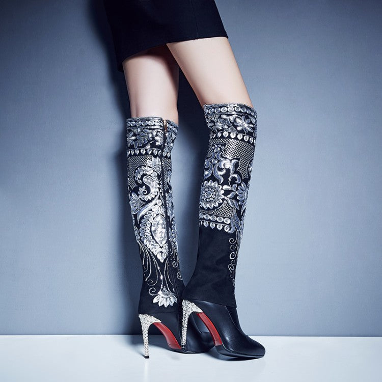 Embroidered High Heel Women's Long Boots