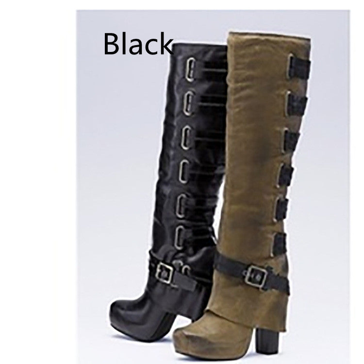 High Heel Platform Boots with Solid Color Buckle