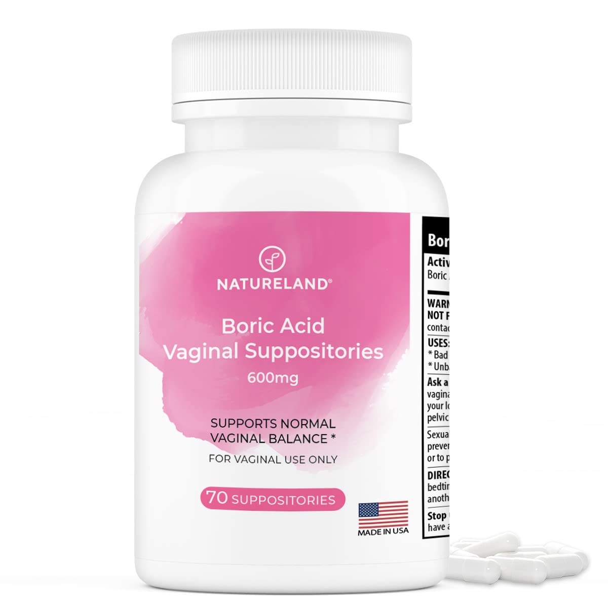 Natureland 600mg Vaginal Suppositories Made in USA Restore pH Balance and Reduce Dryness Odors Itchiness and Discharge Support Intimate Health (70 Count (Pack of 1))