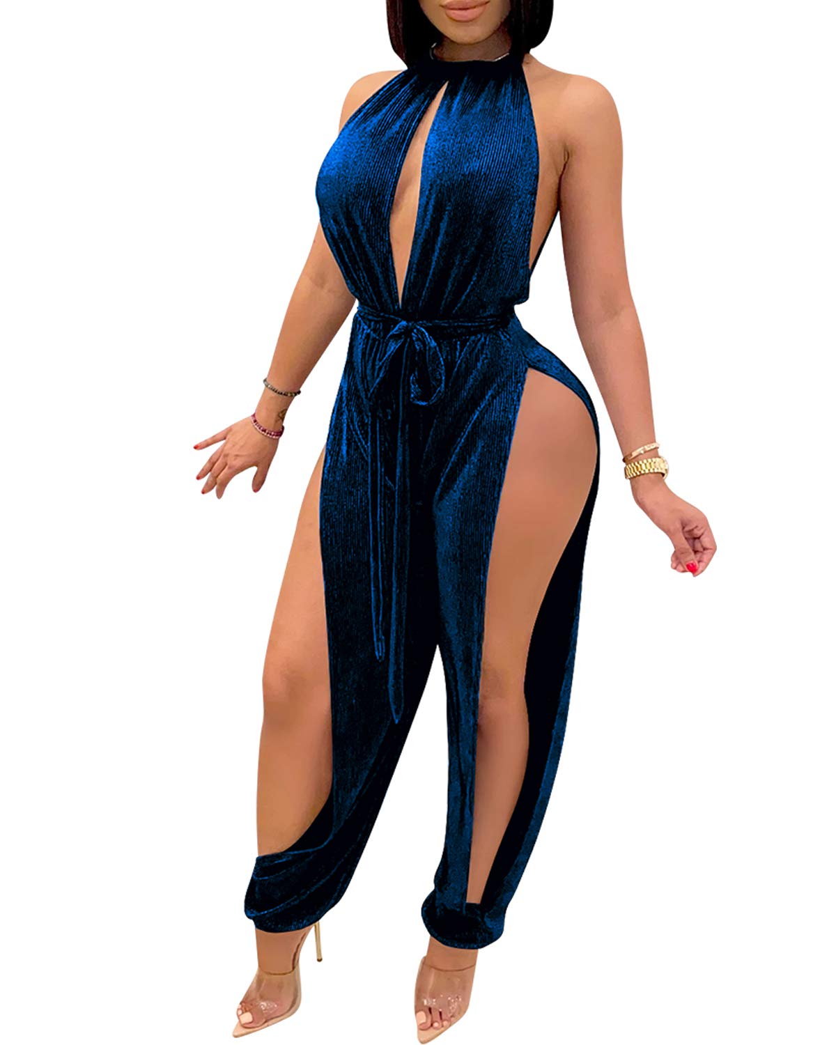 PORRCEY Sexy Jumpsuits for Women Halter Sleeveless Party Outfits Hight Split Velvet Pants Hollowing Out Romper (3737BlueL)