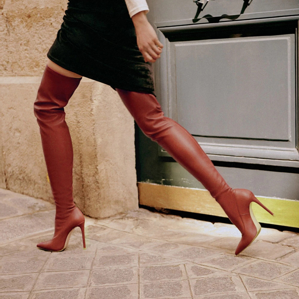 Pointed Toe High Stiletto Over-the-Knee Stretch Boots