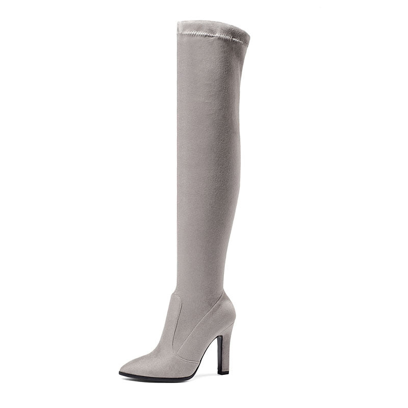 Women's Suede Pointed Toe Chunky Heel High Boots