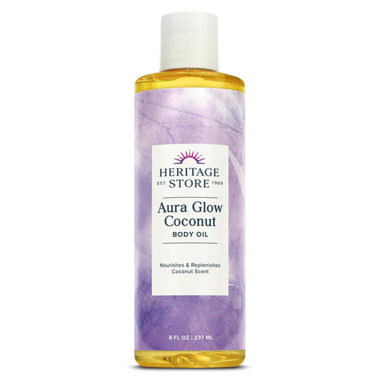 HERITAGE STORE Aura Glow Coconut Body Oil Luxurious Skin Moisturizer Massage Oil and Bath Oil Carrier Oil for Essential Oils and Aromatherapy Coconut Scent All Skin Types 60-Day Guarantee 8oz