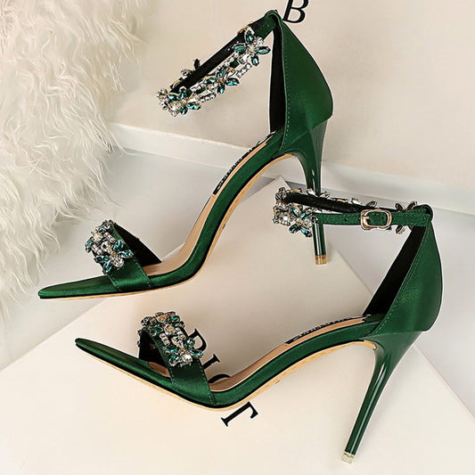High Heel Satin Open Toe Rhinestone Shoes