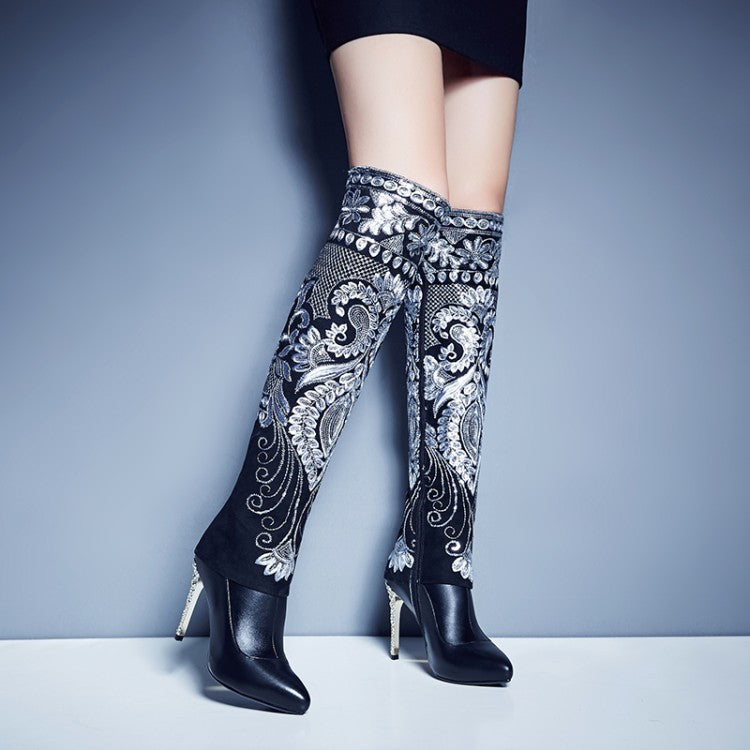 Embroidered High Heel Women's Long Boots