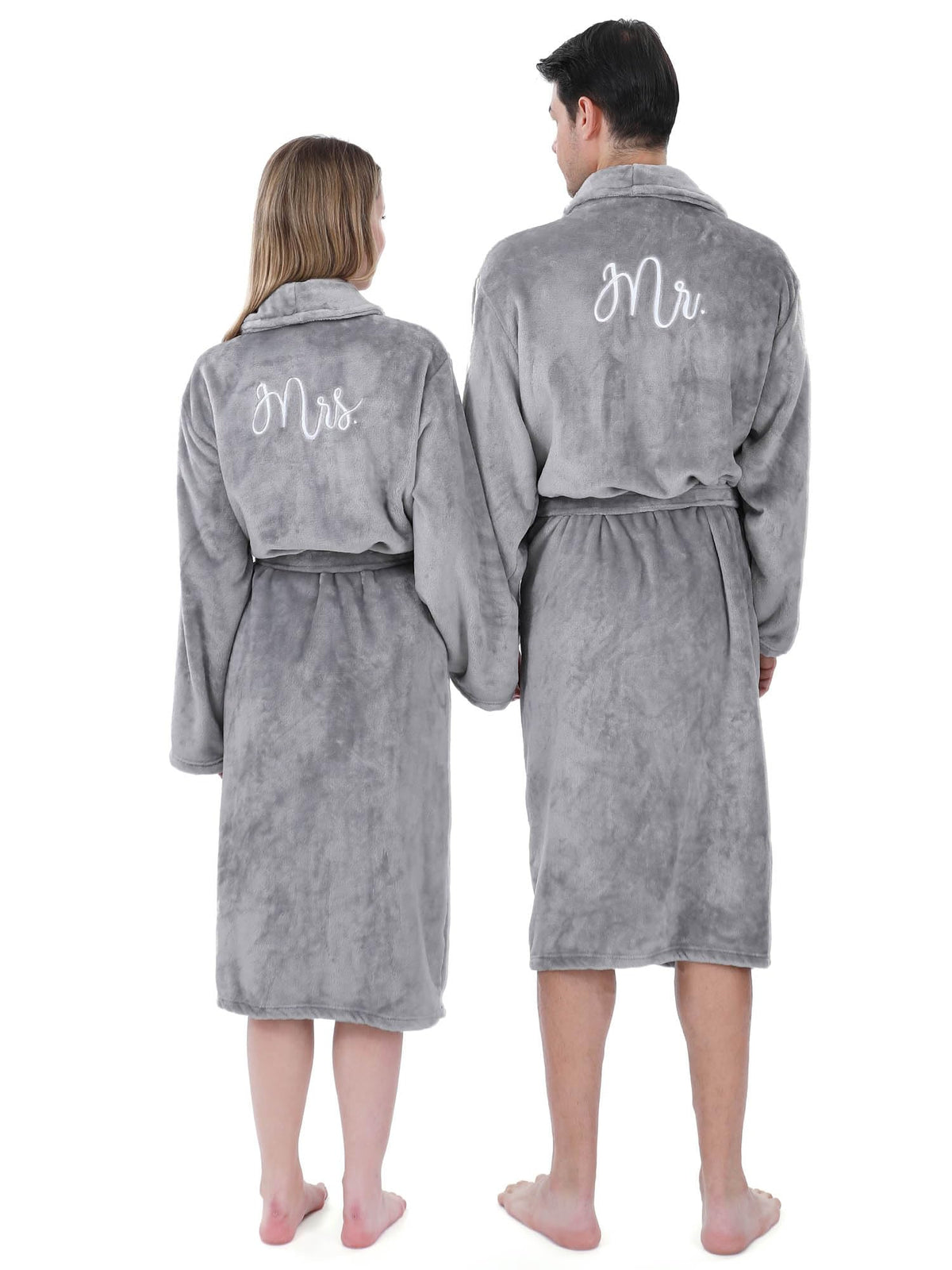 Jecery 2 Pcs His and Hers Robes for Couples Flannel Mr and Mrs Bathrobes Matching Robe with Pockets Spa Robe Men Women Gray