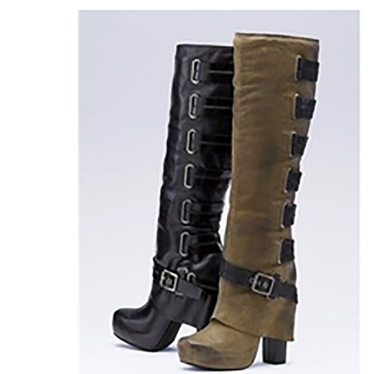 High Heel Platform Boots with Solid Color Buckle