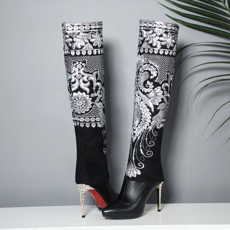 Embroidered High Heel Women's Long Boots