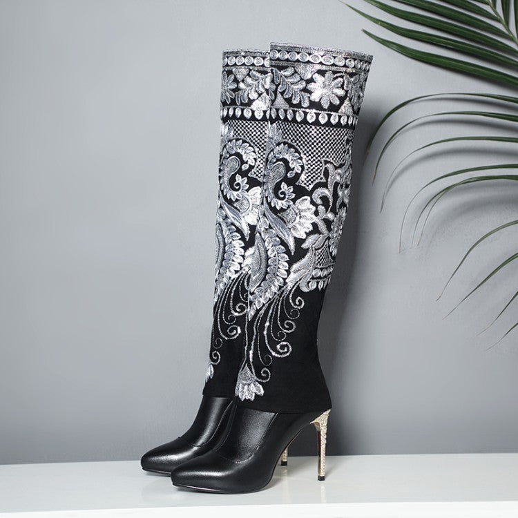Embroidered High Heel Women's Long Boots