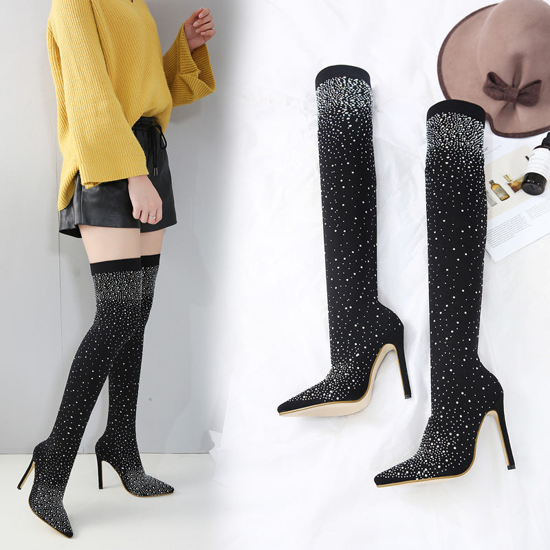 Rhinestone Knee-High Boots with Stiletto Heels